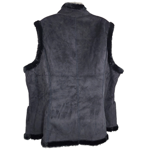 Denim & Co Womens Faux Suede Snap Front Vest Faux Fur Trim Size 1X Black Relaxed - Picture 2 of 10
